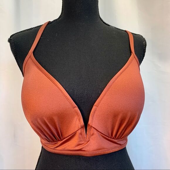 SHADE & Shore Rust Brown bronze deep V bikini top Sz 34D - Picture 2 of 7